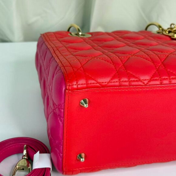Dior Bi-Color Leather Lady Dior Medium Shoulder Bag - Red Quilted Design - Picture 7 of 10